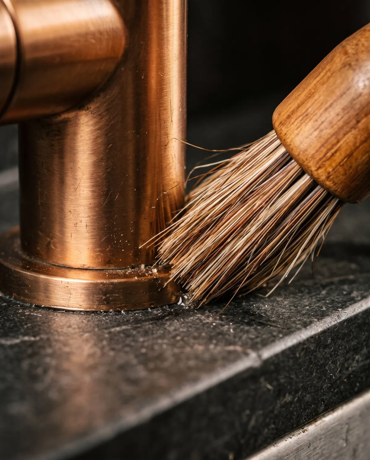 A natural-bristle detailing brush working along the base of a copper faucet on dark stone.