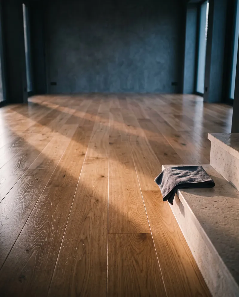 Low winter sun across a polished oak floor, a folded charcoal towel on the bottom stair.