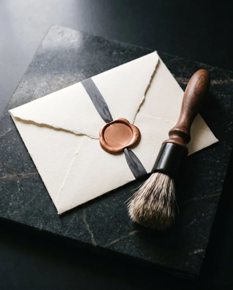 A cream envelope closed with a copper wax seal and charcoal ribbon beside a detailing brush.