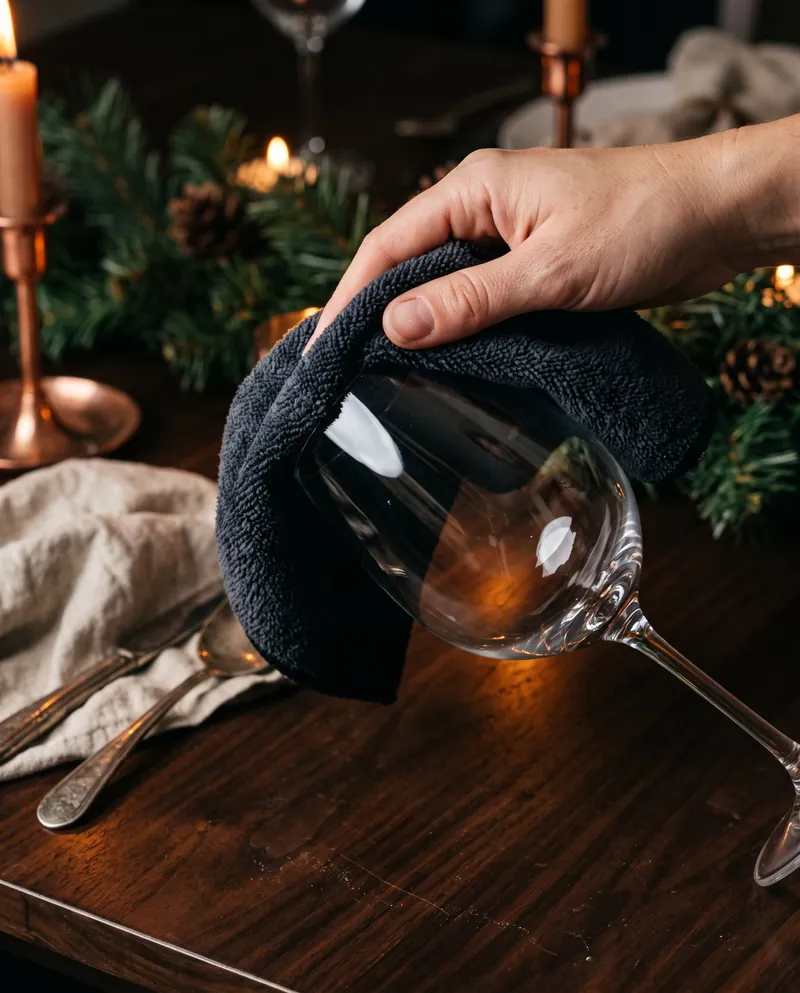 A hand polishing a crystal wine glass with a charcoal cloth at a candlelit holiday table.