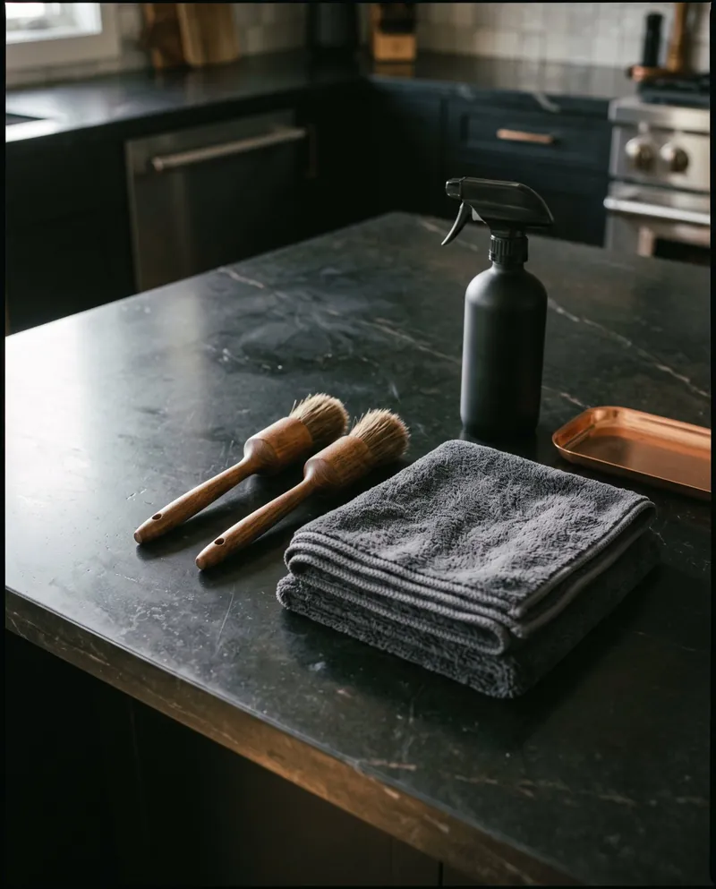 Wooden detailing brushes, folded charcoal microfiber towels, and a matte black spray bottle laid out on a soapstone counter.