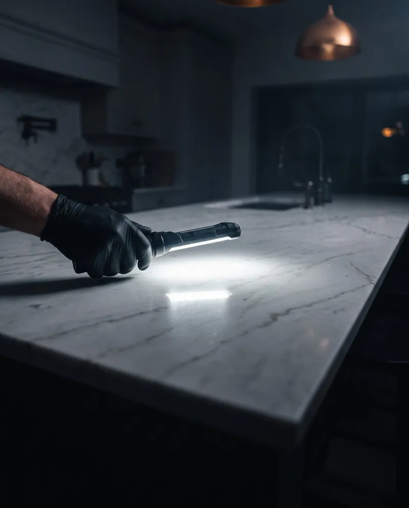 A gloved hand holding an inspection light, its beam raking across a dark marble countertop.